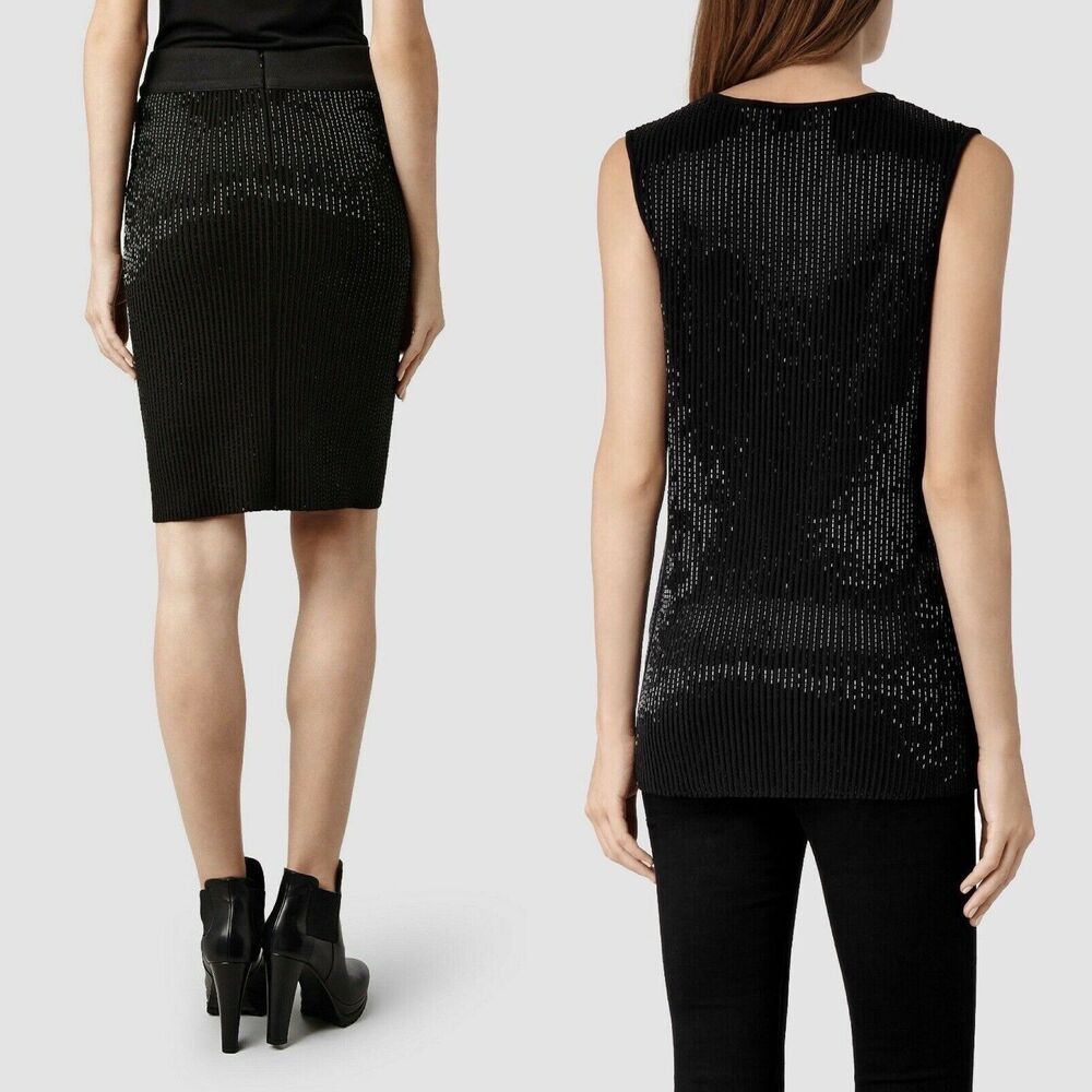 All Saints Lovise Hand Beaded Set Black Sleeveless Top US 0 & Pencil Skirt US 6 - Picture 2 of 12